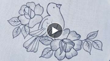 Hand embroidery, Beautiful Bird embroidery with elegant flowers, Hand embroidery design of a bird